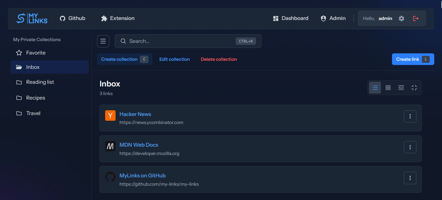 MyLinks dashboard with links grouped into collections